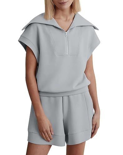 Zwurew Sweatsuits for Women Set 2 Piece High Waist Drawstring Shorts and Cap Sleeve Tops Casual Lounge Sets Grey M | Amazon (US)