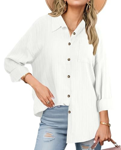 Long Sleeve Linen Shirts for Women White Button Down Shirt Casual Loose Fit Textured Collared Work Blouses Tops | Amazon (US)