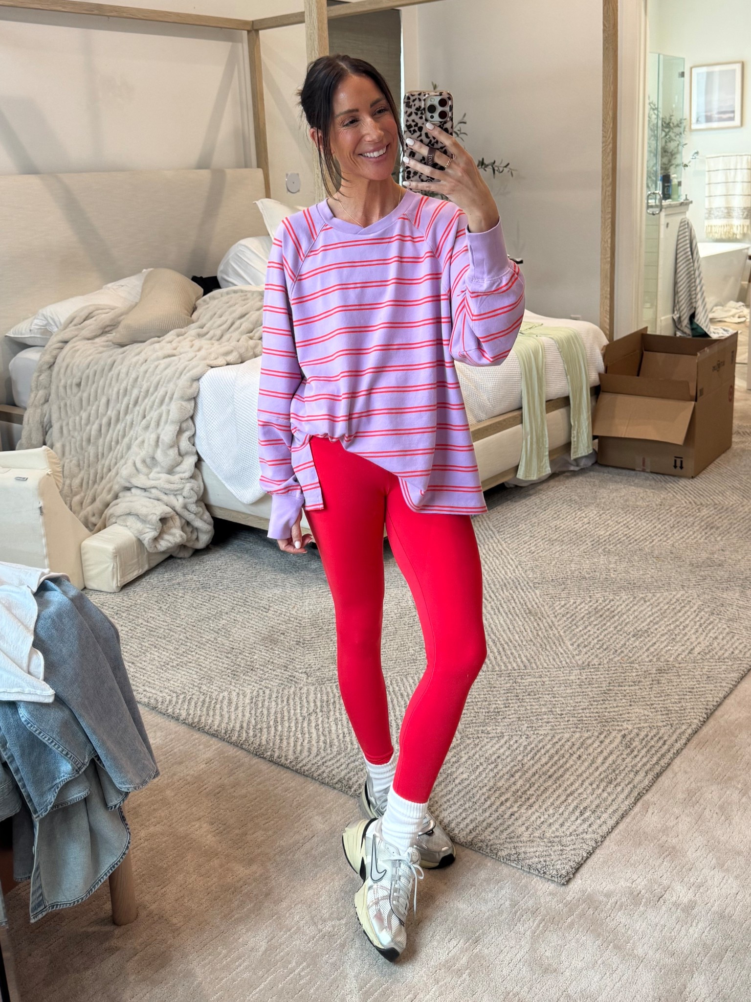 LOVE the bright cheery colors of this tee! Thumb holes are a plus and perfect oversized fit. Wearing med in top and linking similar leggings in red cause mine are aerie but OOS! #aerie

#LTKmomlife #LTKootd