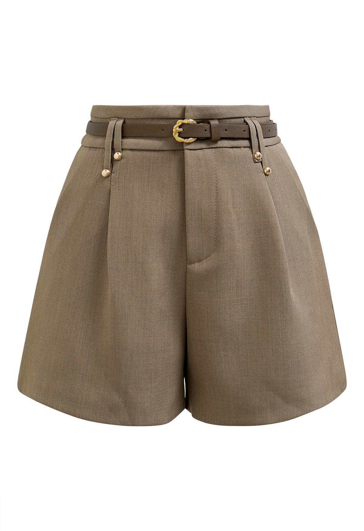 Solid Color Belted Shorts in Brown | Chicwish