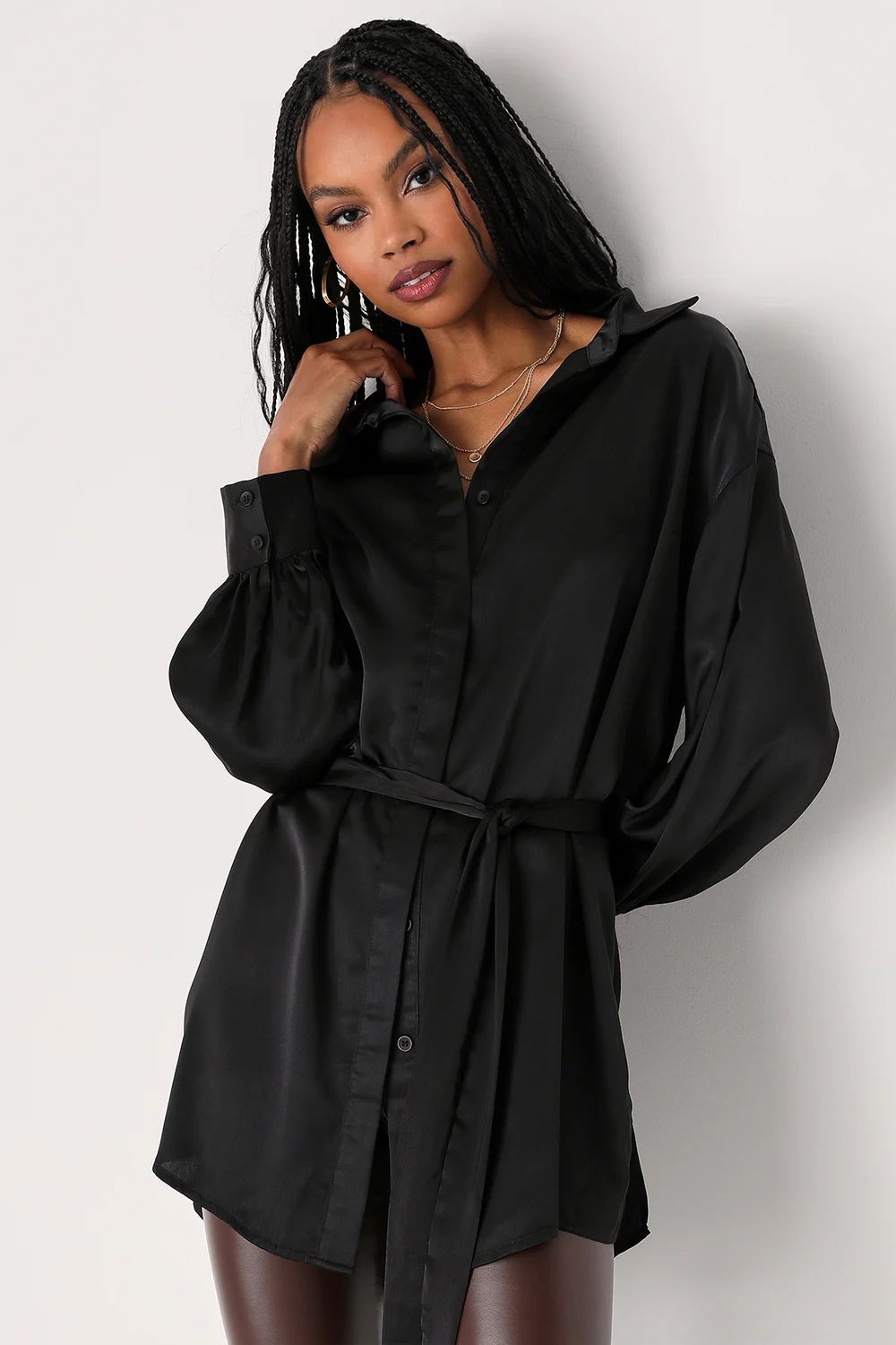 Day in the City Black Satin Long Sleeve Button-Up Tunic Top | Lulus (US)