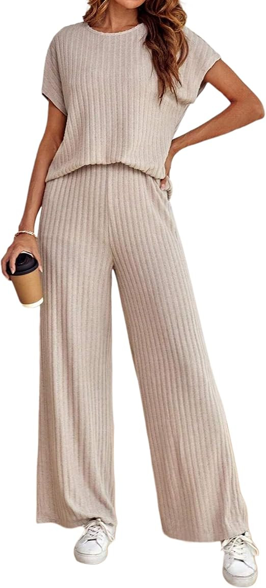 LTSCNRM Women's 2two Piece Outfits Sweater Sets Casual Loose Knit Crewneck Short Sleeve Tops Wide... | Amazon (US)