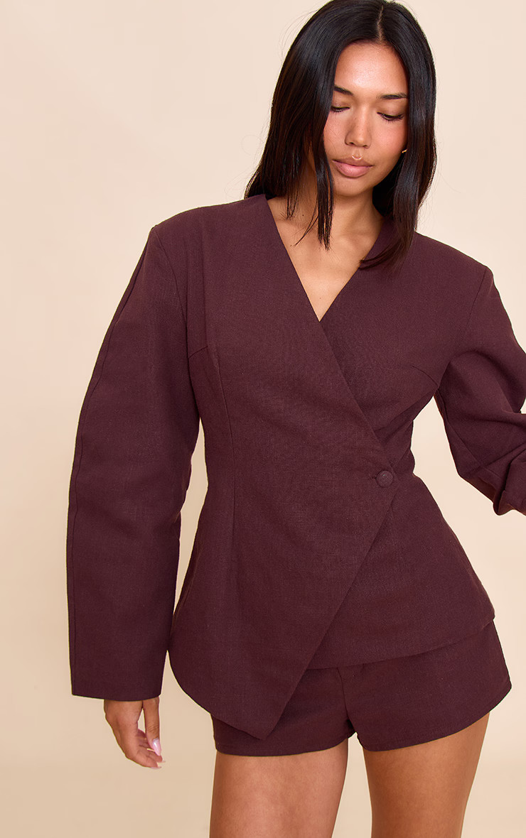 Deep Chocolate Premium Linen Tailored Cocoon Sleeve Cinched Blazer | PrettyLittleThing UK