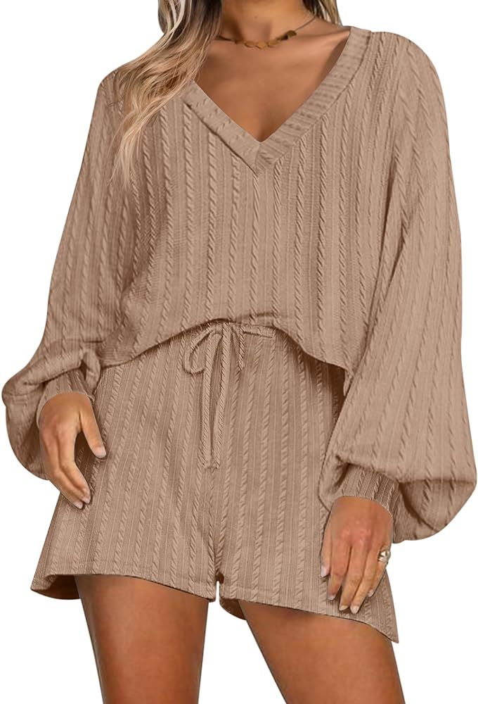 Ekouaer Women's Long-Sleeve Pajama Set Ribbed Loose Casual Lounge Set | Amazon (US)