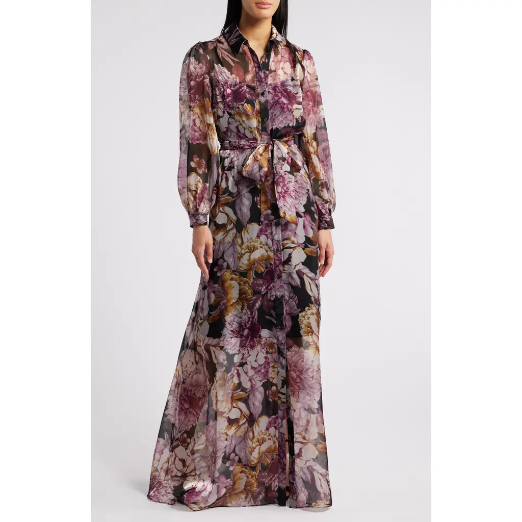 Julia Jordan Floral Long Sleeve Maxi Shirtdress in Black Multi at Nordstrom, Size 12 | Nordstrom