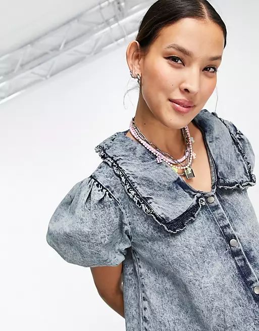 Violet Romance denim mini dress with collars in acid wash blue | ASOS (Global)