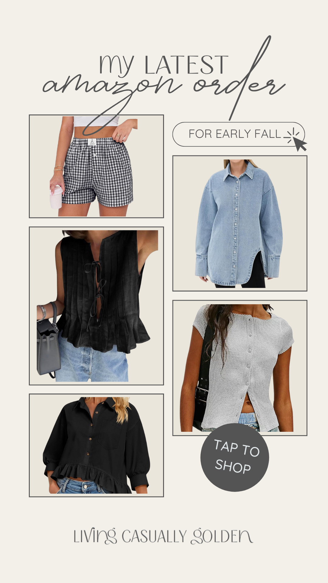 Most recent order for late summer / early fall! Sizing: M in boxer shorts, S in denim shirt, S in nursing friendly tie blouse, S in grey button top, and S in black flowy top.  

 
