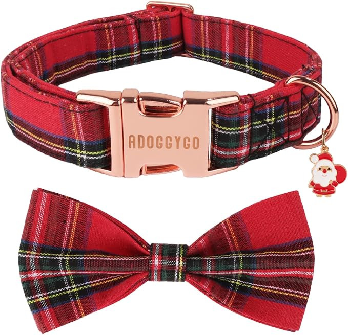 ADOGGYGO Christmas Dog Collar with Bow, Detachable Plaid Bowtie, Metal Buckle, Adjustable Red Pla... | Amazon (US)