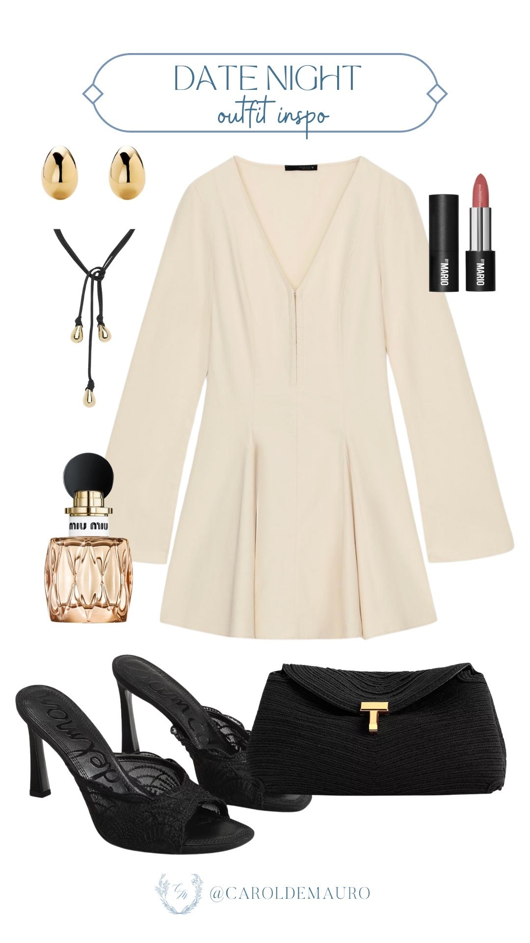 All eyes when you wear this classy outfit for your next date night! Dress up in this beige short dress with flounced skirt, pair it with black lace heels, and a black clutch. Add a touch of gold accessories and a spritz of Miu Miu perfume.

casual chic, preppy look, cool girl aesthetic, fashion finds, timeless outfit, ootd, pinterest look

#LTKU #LTKSeasonal #LTKootd