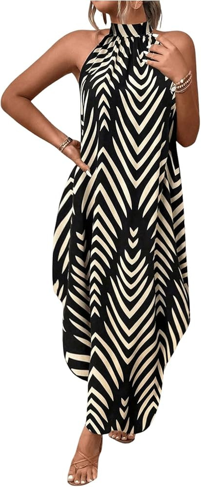 Women's Chevron Graphic Boho Halter Dress Sleeveless Asymmetrical Flowy Summer Vacation Long Dres... | Amazon (US)