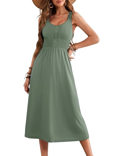 Dokotoo Womens Sleeveless Easter Dresses for Women Summer Button Down Smocked Elastic Waist Cute Casual Swing Midi Dress Work Teacher Outfits Flowy Loose Long Sun Dress Sundresses Mist Green Small | Amazon (US)