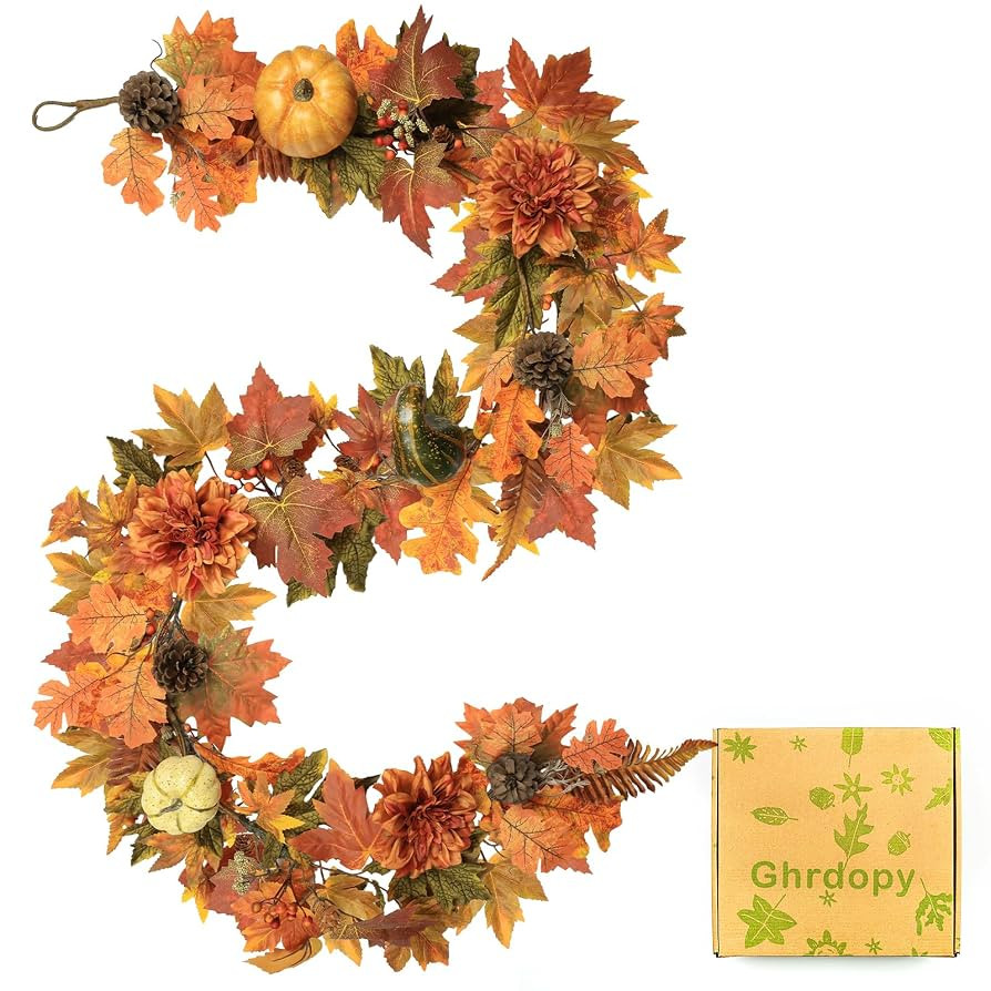 Artificial Fall Maple Leaves Garland Hanging Vine 6Ft Fake Pumpkin Pine Berries Autumn Decoration... | Amazon (US)
