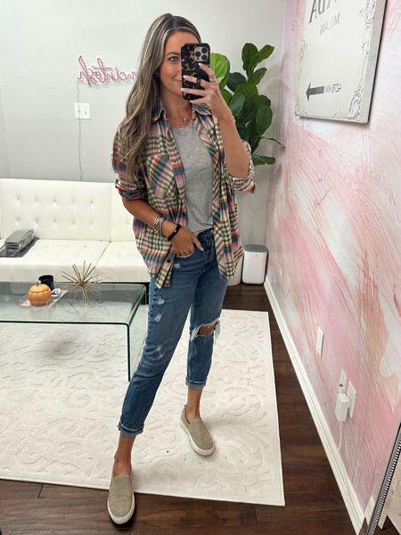 Todays comfy outfit! My favorite basic tees of all time!!!! And these oversized flannels I have in every print! Wearing small in both! Jeans and slip on shoes I’ve had for years! 

#LTKSale #LTKfindsunder50 #LTKstyletip