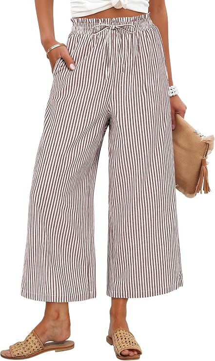 ANRABESS Womens Striped Gingham Pants, Cropped & Palazzo, Wide Leg Pajama with Pockets, Summer Ca... | Amazon (US)