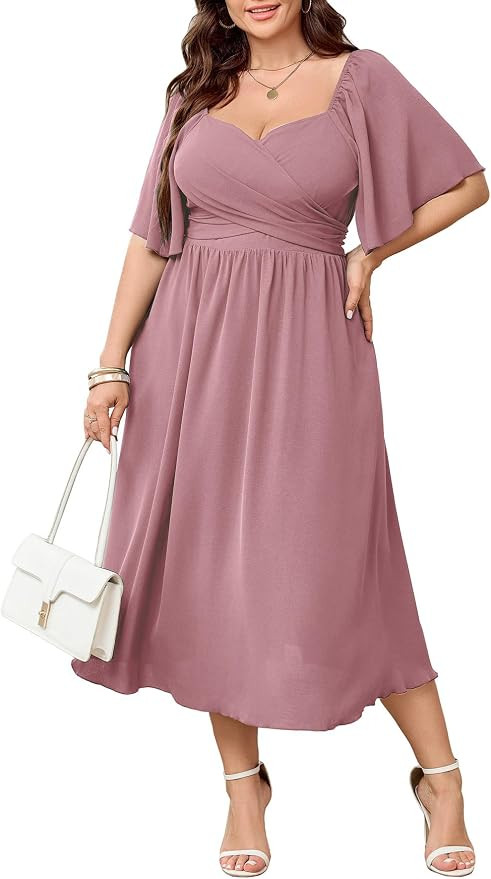 SHESTARR Women's Plus Size Midi Dress Sweetheart Neck Short Sleeve Wedding Guest Cocktail A Line ... | Amazon (US)