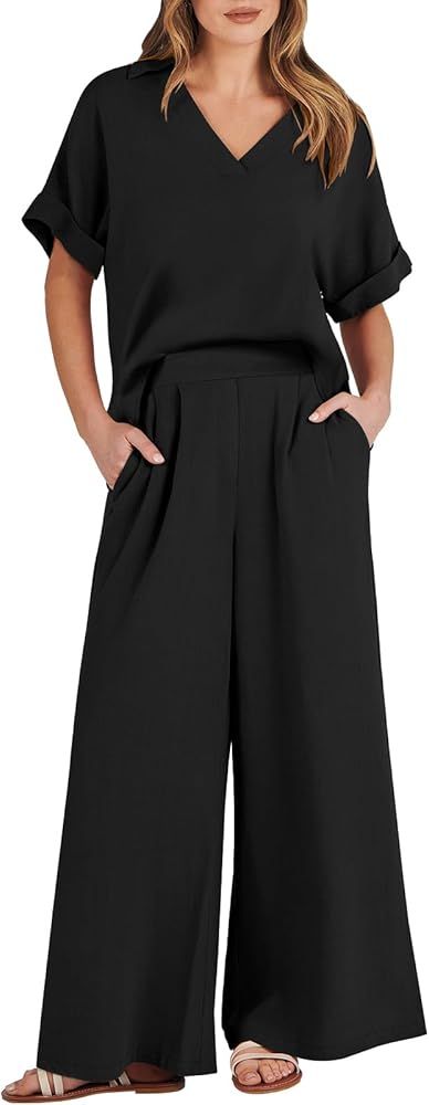 ANRABESS Women’s 2 Piece Outfits Lounge Sets 2024 Summer Short Sleeve V Neck Crop Top Wide Leg ... | Amazon (US)
