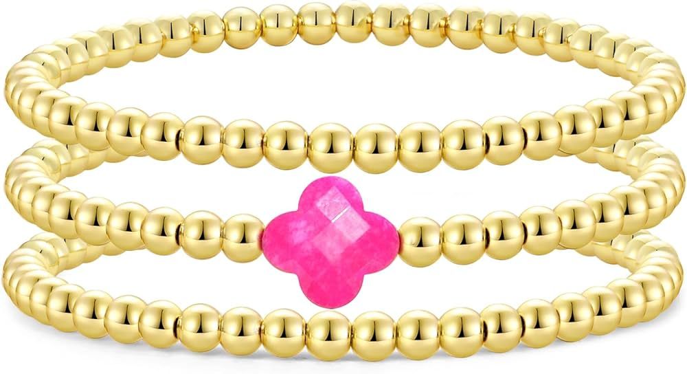 Colorful Clover Gold Beaded Bracelets For Women Gold plated Ball Lucky Four Leaf Clover Stretch B... | Amazon (US)