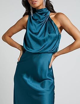 2023 Women Satin High Neck Cutout Maxi Dress for Wedding Guest Silk Empire Waist Asymmetrical Sle... | Amazon (US)