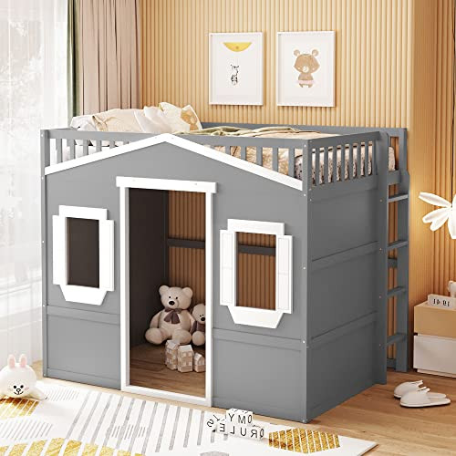 Full Size House Loft Beds Wood Loft Bed Frame with Window and Wall Fun Playhouse Bed with Ladder ... | Amazon (US)