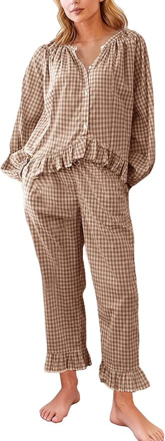 Flygo Womens Plaid Pajamas Sets 2 Piece Cotton Pj Set Puff Sleeve Ruffle Babydoll Shirt Gingham P... | Amazon (US)