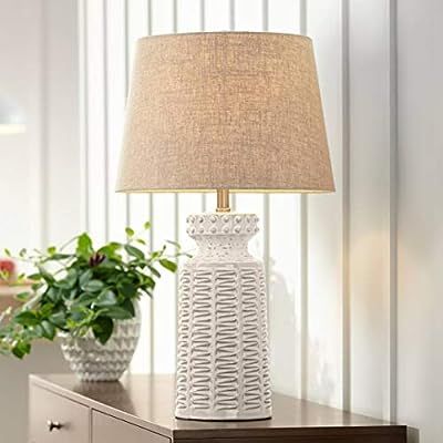 Helene Coastal Country Cottage Table Lamp Ceramic Rustic Cream White Glaze Linen Tapered Drum Sha... | Amazon (US)