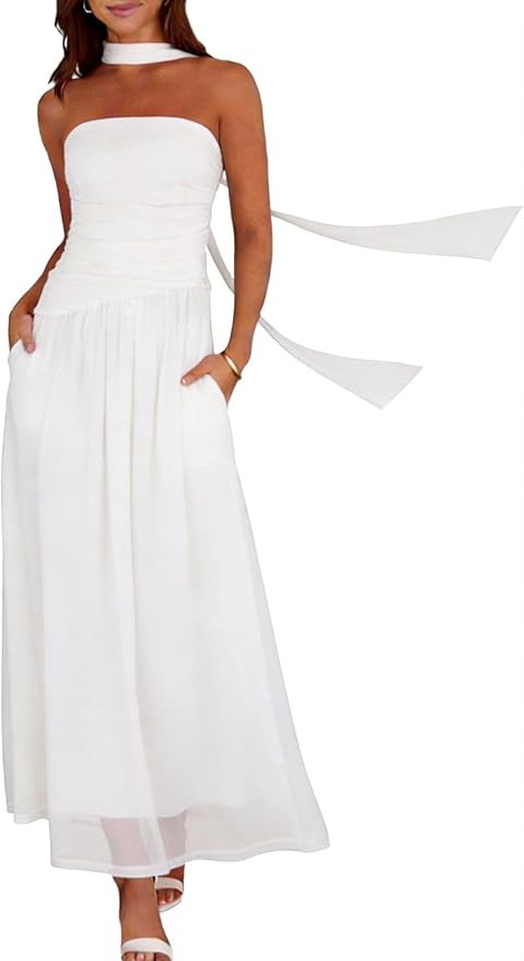 Summer Maxi Dresses for Women 2026 Strapless Ruched Tube Dress with Scarf Beach Vacation Spring W... | Amazon (US)