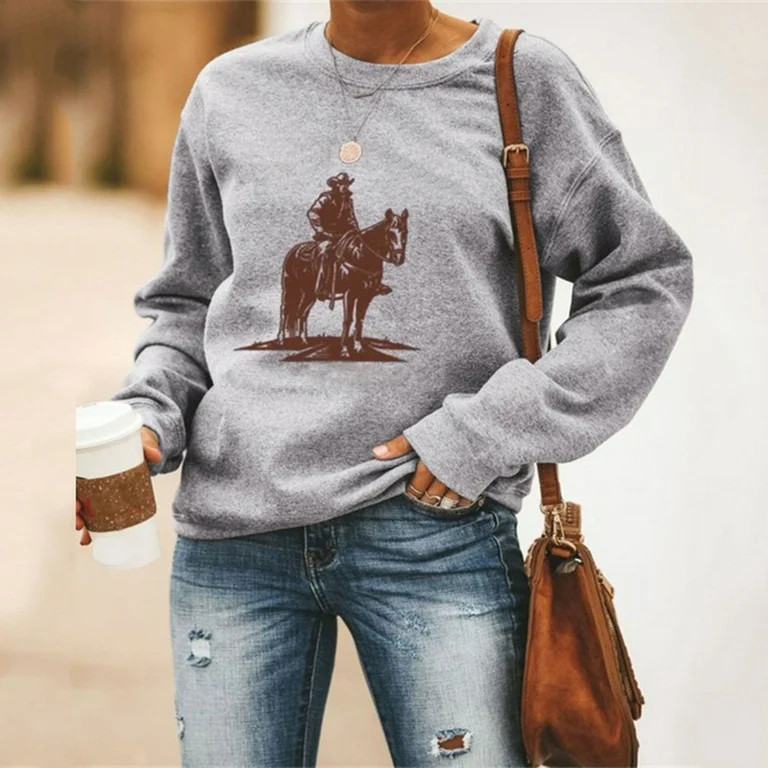 Jsaierl Womens Crewneck Sweatshirts Western Vintage Graphic Sweatshirt Top Long Sleeve Comfy Fall... | Walmart (US)