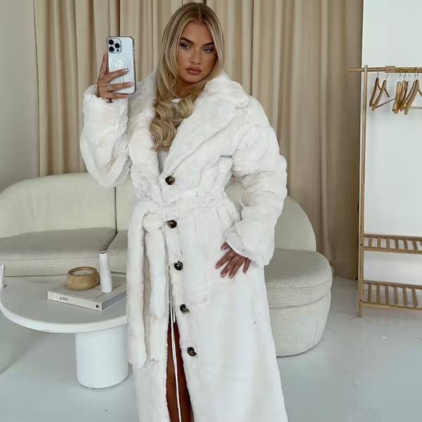 Tie Waist Detail Maxi Coat In Faux Fur Cream | EGO Shoes (US & Canada)
