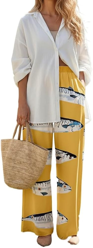 Women Wide Leg Pants, Elastic High Waist Loose Trousers, Casual Summer Beach Vacation Palazzo Pan... | Amazon (US)