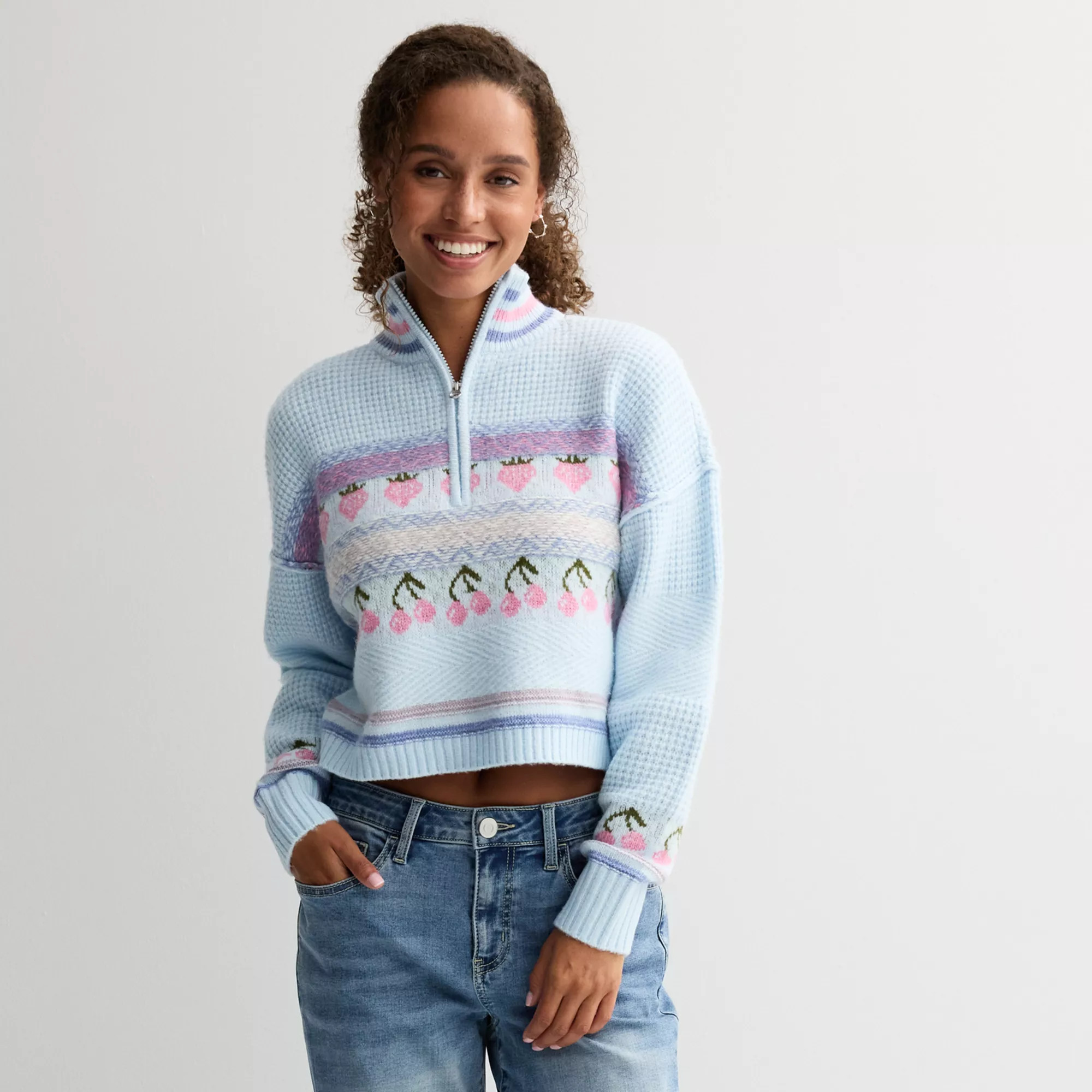 Juniors' Sugar Moon Long Sleeve Quarter Zip Jacquard Sweater | Kohl's