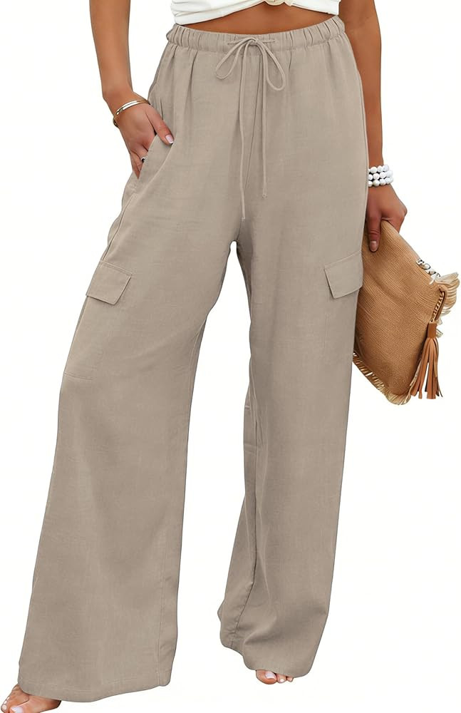Xiaoxuemeng Womens Cotton Linen Wide Leg Pants Summer Elastic Waisted Beach Pants with Pockets | Amazon (US)