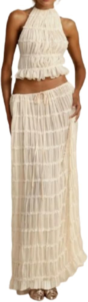 Women's Backless Halter Tank Top and Pleated Retro Chiffon Long Maxi Skirt Tulle Ruffle Skirt Set... | Amazon (US)