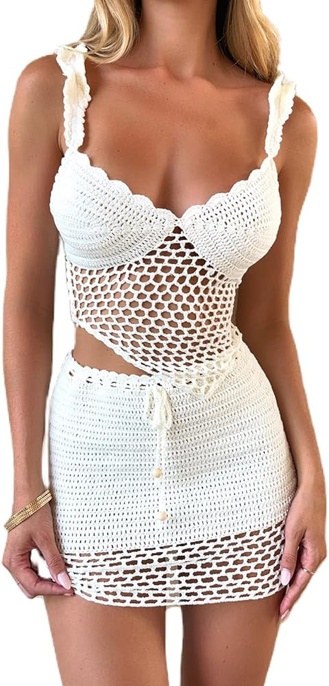 Sunloudy Women 2Pcs Crochet Knit Skirt Set Tube Crop Top + High Waist Bodycon Skirt Cover Up Beac... | Amazon (US)