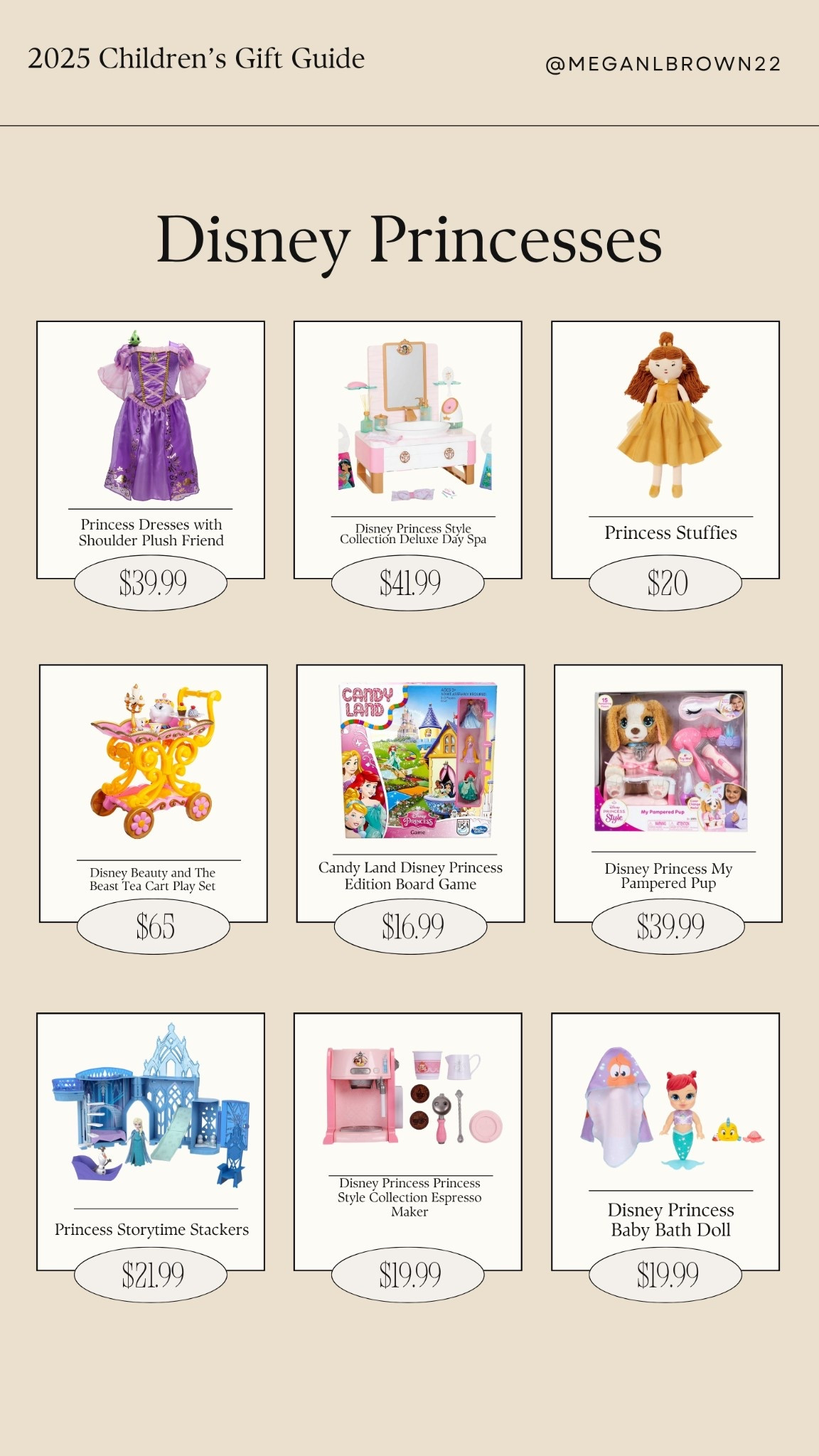 2025 Christmas gift guide including all things princess, princess toys, princess dresses and accessories. If you’re looking for Christmas gift ideas for the Disney princess lovers you’re in the right place. #disney #giftguide #christmasgiftideas