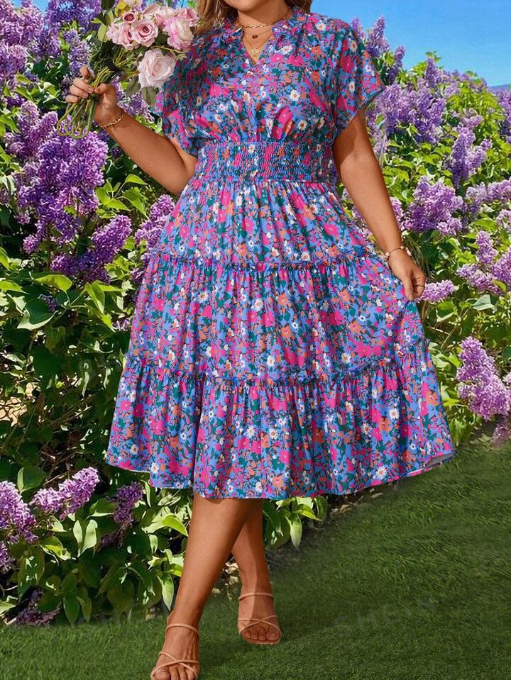 SHEIN VCAY Plus Size Women's Full Floral Print Wrapped Waist Midi Dress | SHEIN