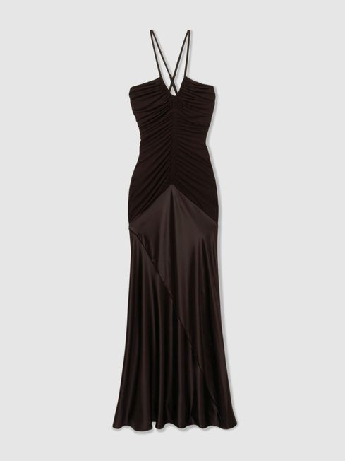 Paula Chocolate Hybrid Jersey Satin Plunge Maxi Dress | Reiss UK