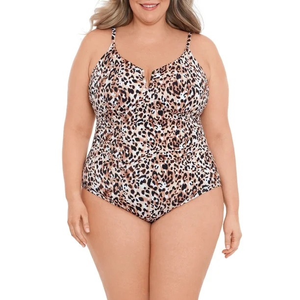 Time and Tru Women’s Plus Brushed Cheetah V Wire Shirred One Piece Swimsuit | Walmart (US)