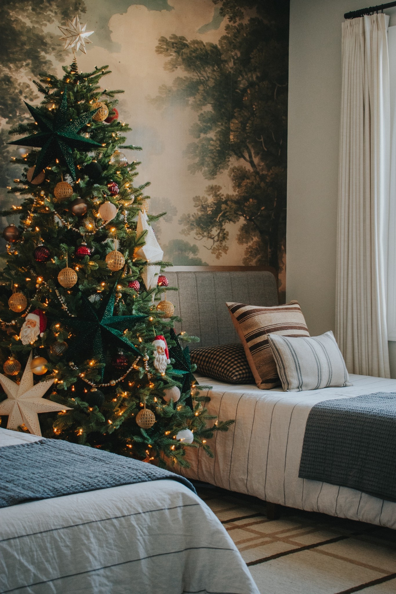 Kids magical Christmas room. Boys room. Bedroom. Christmas tree. Paper stars. Wall mural. Peel and stick wallpaper 