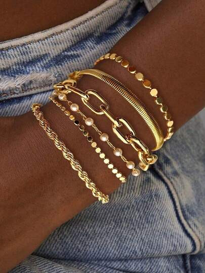 6/11/12pcs Set Faux Pearl, Snake Chain, Twisted Chain, Smooth Round Disc, Rhinestone Bling Bling Curvy Chain, Wide Chunky Metal Bracelet, Fashion Elegant Vintage Design, Suitable For Holiday, Party, Date, Gift, Daily Wear | SHEIN
