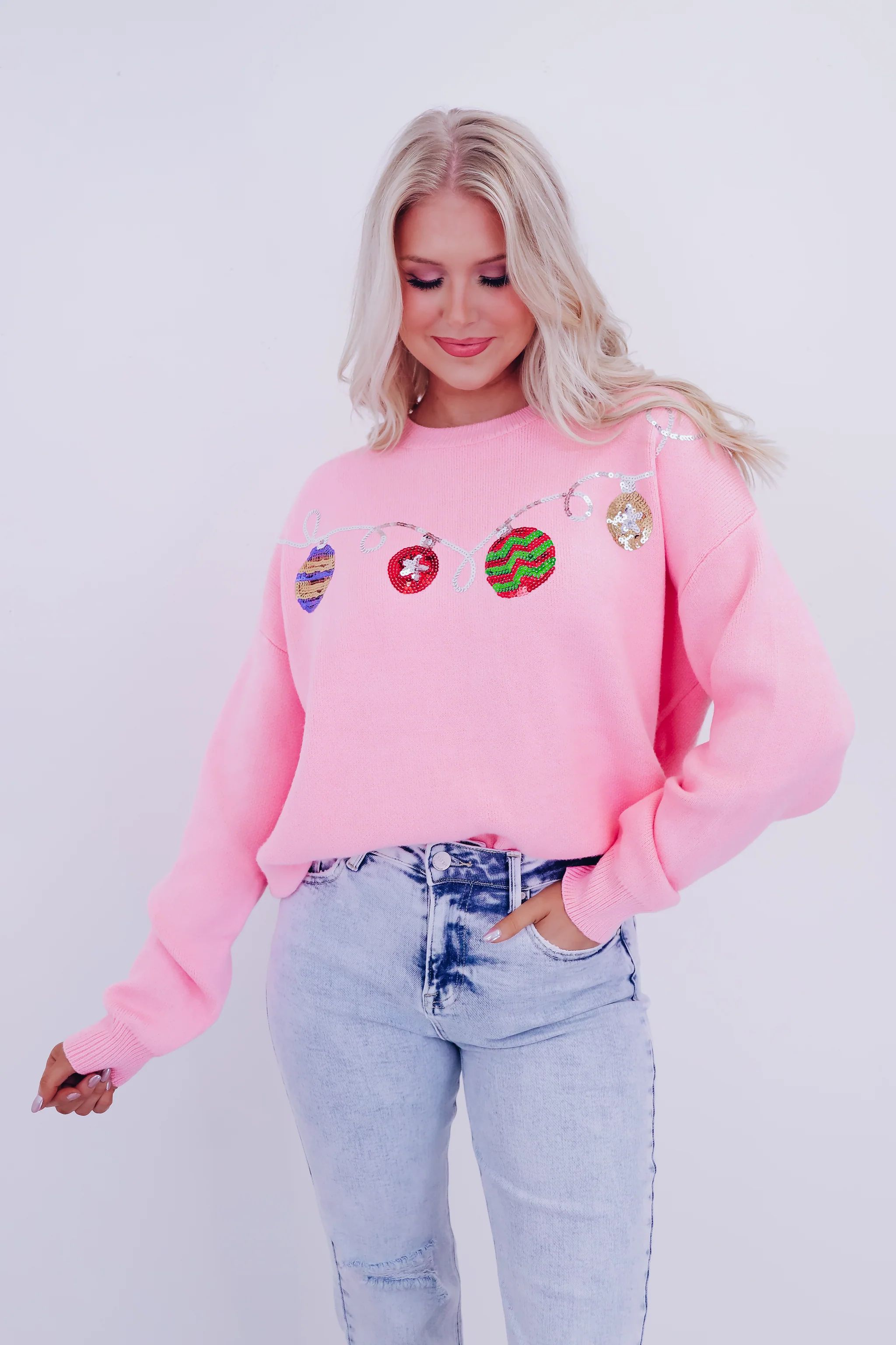 Garland Ornament Sequin Sweater - Pink | Whiskey Darling Boutique
