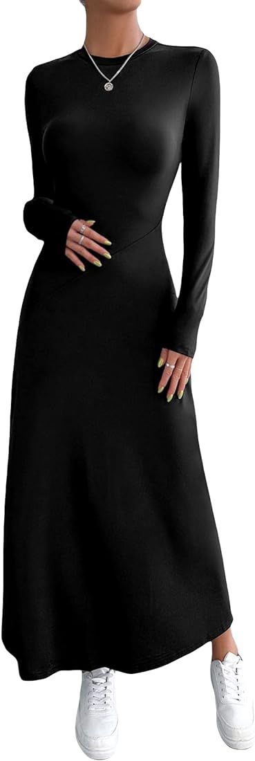 Verdusa Women's Casual Long Sleeve Round Neck Solid A Line Long Maxi Dress | Amazon (US)