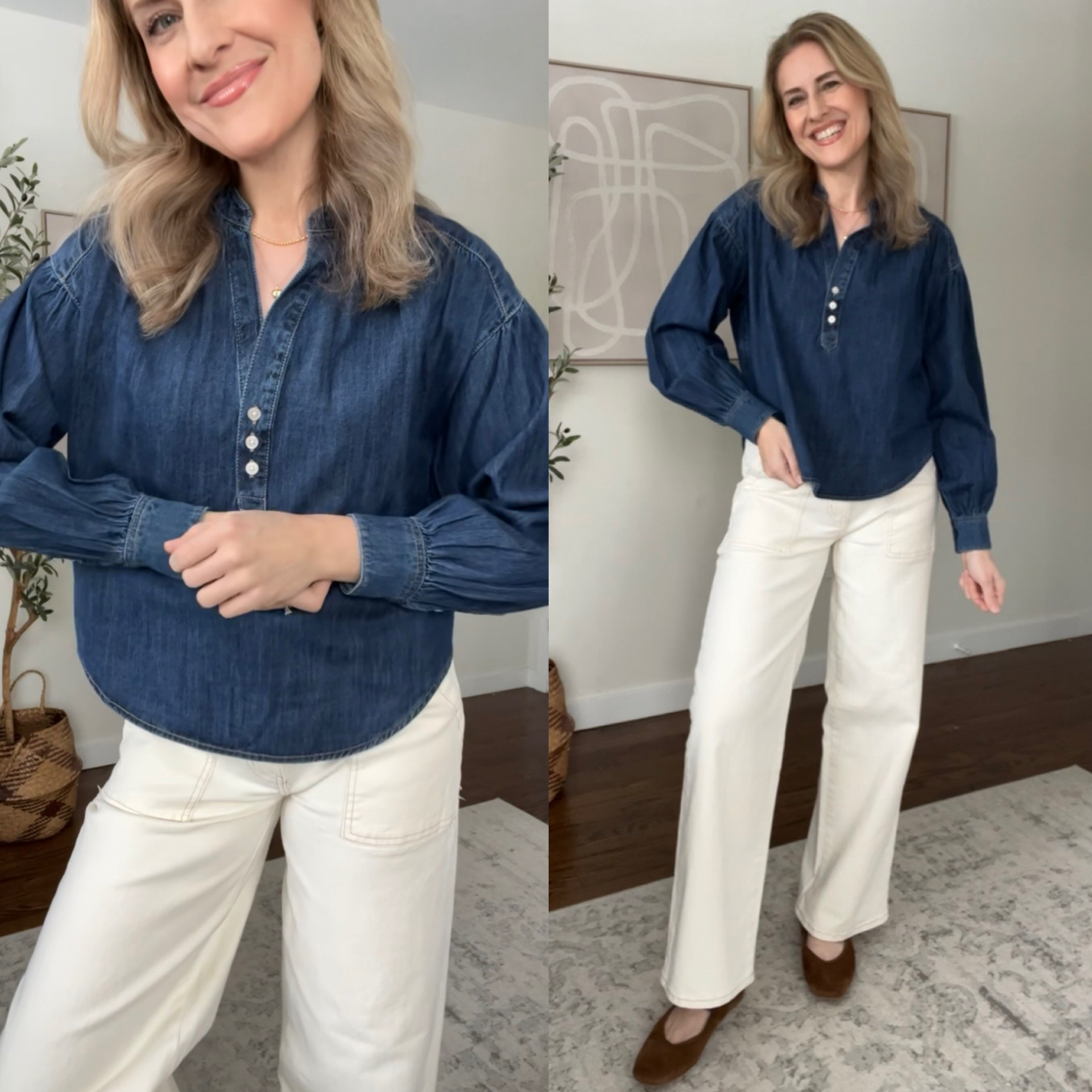 Walmart denim popover blouse looks like Madewell, fits tts I’m a small. Love these pants too not see through! Tts 6. #walmartfashion 

#LTKOver40