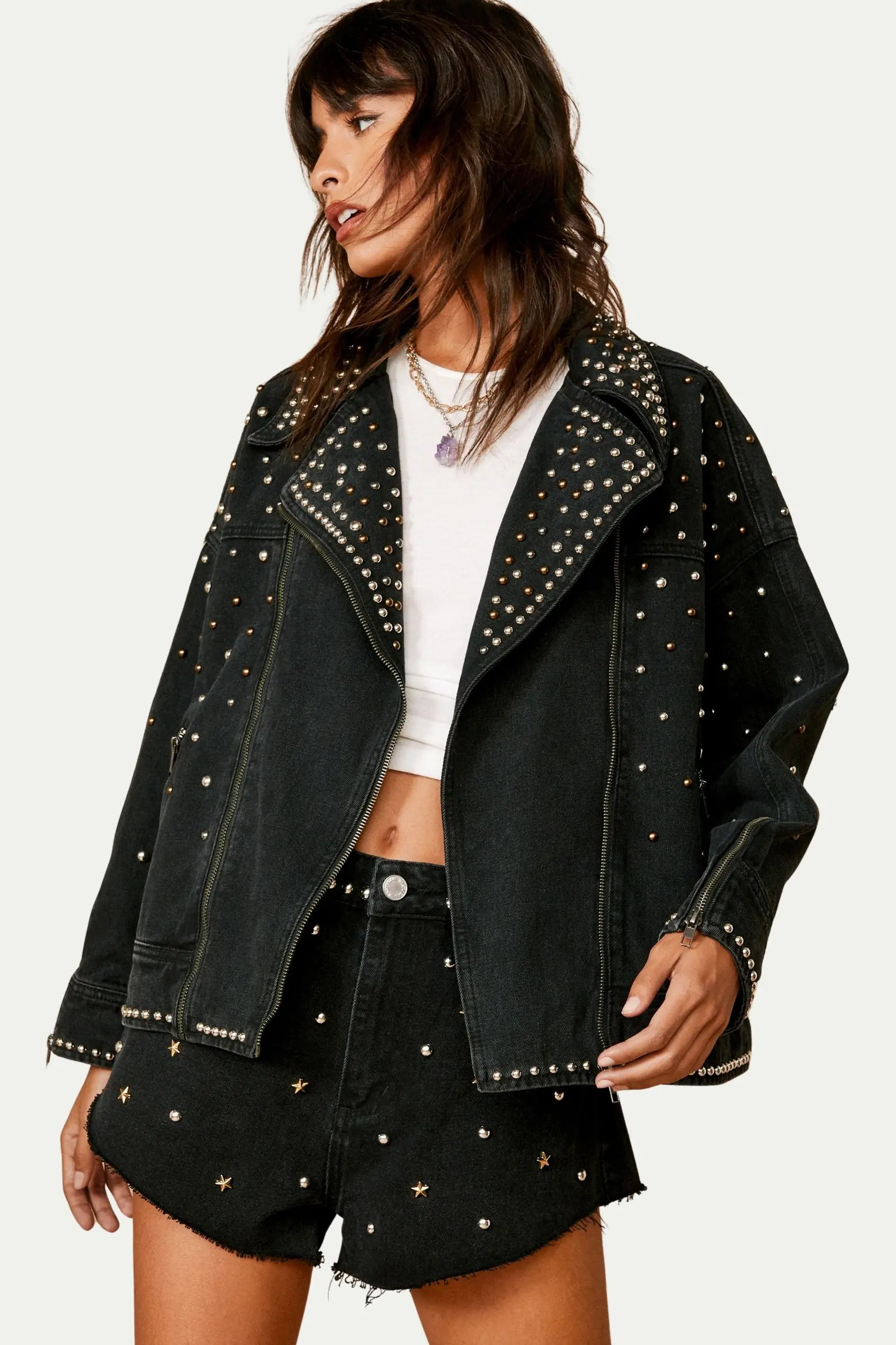 Studded Denim Biker Jacket (Women) | Nordstrom | Nordstrom
