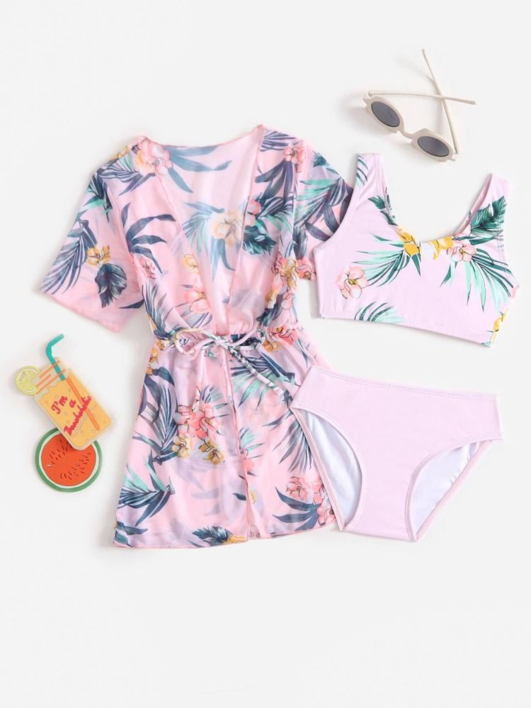 3pack Toddler Girls Floral Print Bikini Swimsuit & Kimono | SHEIN