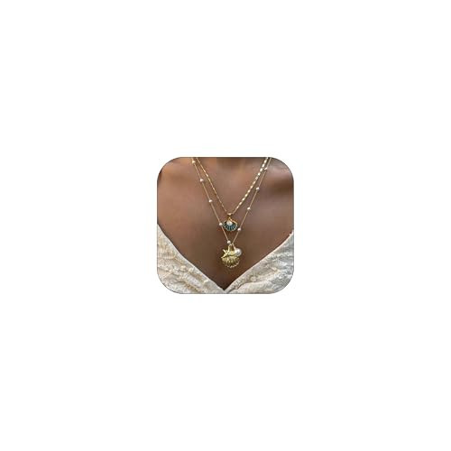 Gold Sea Shell Necklace Layered Charm Necklace for Women Boho Summer Seashell Beach Starfish Necklaces 14k Pearl Chain Surfer Jewelry Beach Vacation Essentials | Amazon (US)