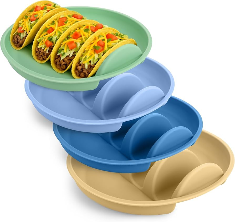 Silicone Taco Holder Plates Set of 4 - Reusable Taco Stand Plates with 4-Shell Slots, Oven/Microw... | Amazon (US)
