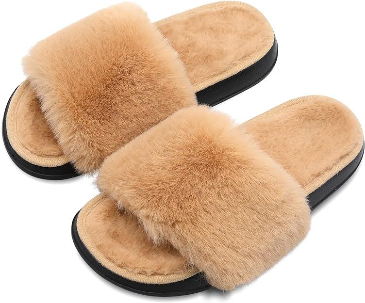 Spesoul Womens Furry Slippers Open Toe Indoor Outdoor House Casual Flat Slides Sandals | Amazon (US)
