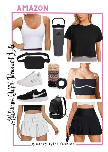 Amazon athleisure items! They all come in various other colors besides black or white. Most are under $40! Sports bra, crop t-shirt, Stanley tumbler, cute sports top, belt bag, tennis skirt, pickleball skirt, cute summer skirt, athletic skirt, sports bag, sports backpack 

#LTKActive #LTKFindsUnder50 #LTKFitness