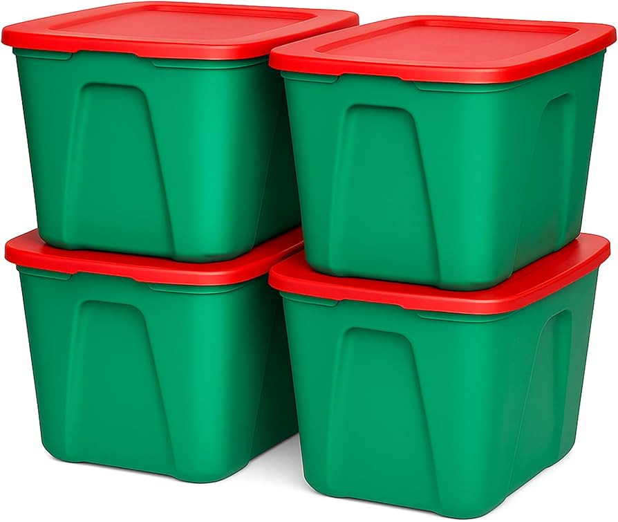 HOMZ 4-Pack Molded Bin, Holiday Storage Containers w/ Lids, 18 Gal, Green/Red Stackable Plastic T... | Amazon (US)
