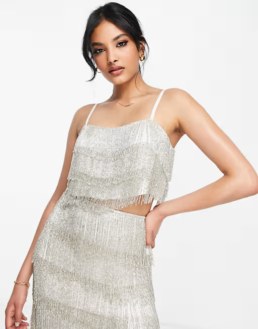 ASOS EDITION beaded fringe cami top & mini skirt in silver - SILVER | ASOS | ASOS (Global)